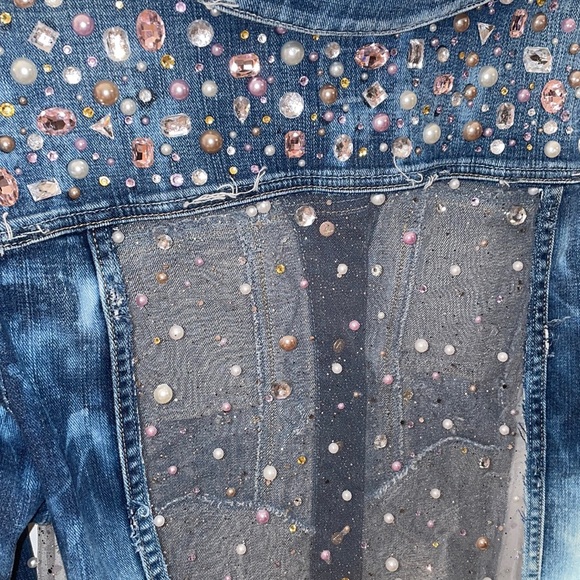 Custom Bleached & Distressed Denim Jacket w/ Sheer Embellished Back & Sides - Picture 7 of 9